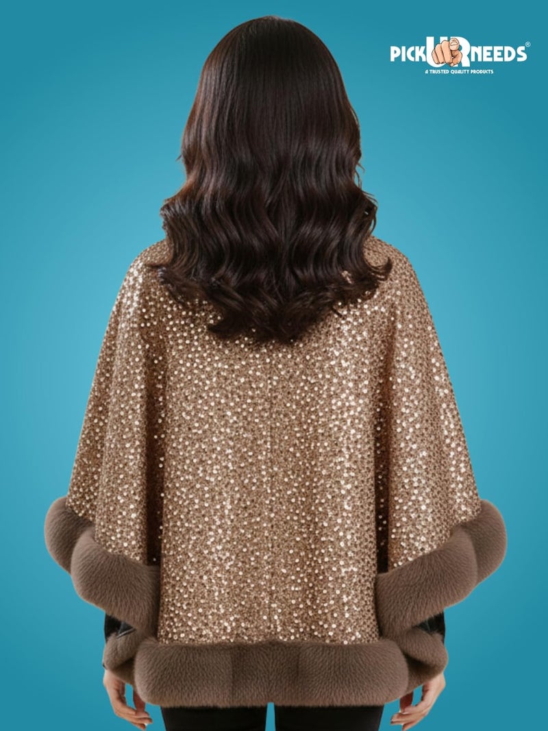 Pick Ur Needs Luxury Shrug for Women Sequin Outerwear with Soft Fur Collar Shawl Evening Wrap Poncho (Brown) - Image 2