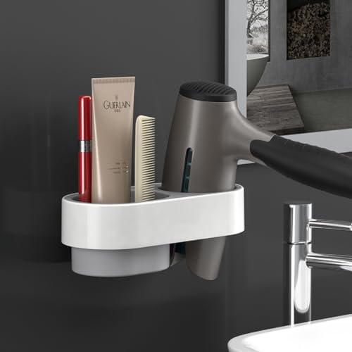 Tyzag Self Adhesive Hair Dryer Stand Holder For Wall Mounted, Hair Blow Dryer Styling Tools Rack, Hair Dryer Holder For Bathroom, Bathroom Organiser (Regular, Grey) - Image 1