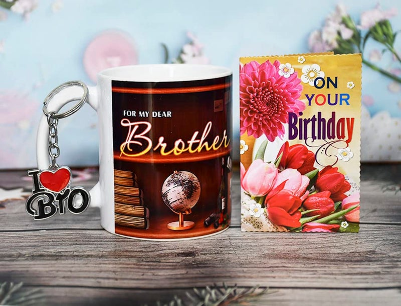 Natali Traders Birthday Gift for Brother Coffee Mug I Love Bro Keychain Greeting Card for Brother Best Gift for Bhaiya Bhai