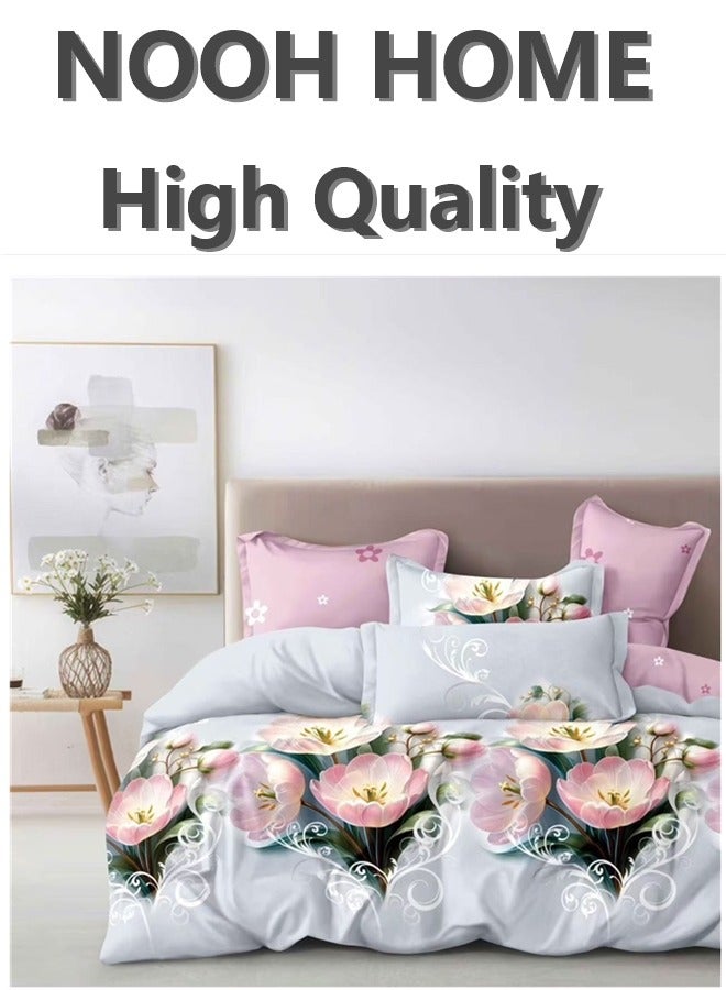 Printed Duvet Set, King Size 220x240 cm - 6-Pcs Bed Set, Microfiber Fabric - 1 Duvet Cover, 1 Fitted Sheet, 4 Pillowcases (Filler Not Included)