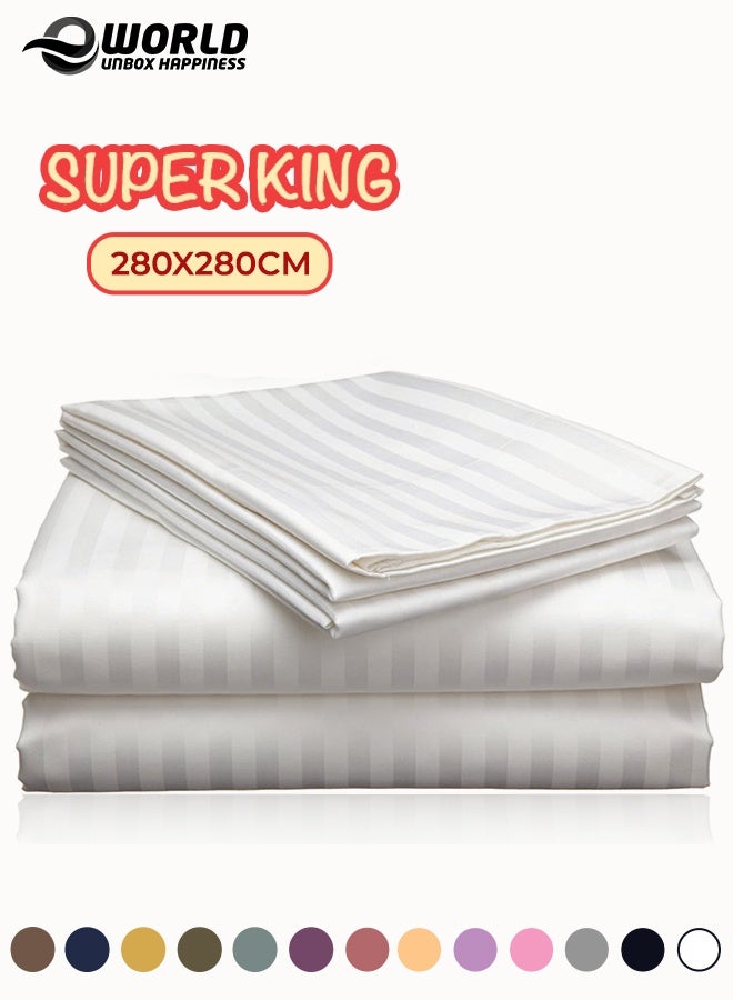 Eworld 3 Piece Super King White Striped Bed Sheet Set – Ultra-Soft Microfiber Striped Sheet & 2 Pillowcases, Breathable Luxury Bedding for Home & Hotel Use - Image 1