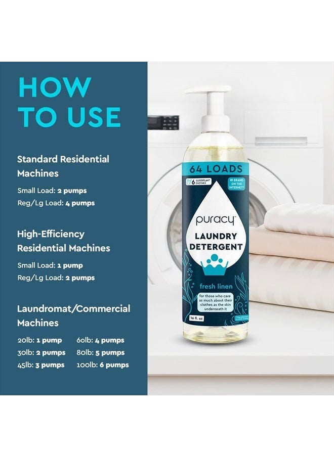 puracy - Liquid Enzyme Laundry Detergent -1,4 Dioxane Free, Natural, Scent-Free Gentle Laundry Detergent Liquid Concentrate Laundry Pouch with Stain Fighting Enzymes (Fresh Linen, 16 fl oz, 64 Loads) - Image 1