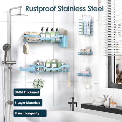 NESOMI Shower Caddy Adhesive Shower Organizer 7-Pack, Rustproof Stainless Steel Bathroom Shelves, Large Capacity No-Drill Rack Storage Accessories with Soap Dish Toothbrush Holder Hooks - Image 5