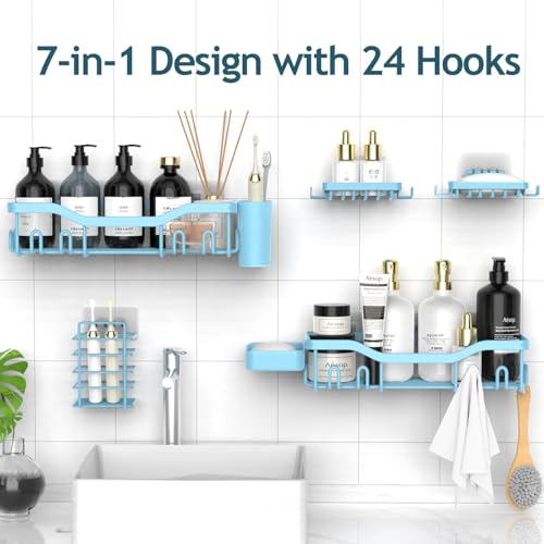 NESOMI Shower Caddy Adhesive Shower Organizer 7-Pack, Rustproof Stainless Steel Bathroom Shelves, Large Capacity No-Drill Rack Storage Accessories with Soap Dish Toothbrush Holder Hooks - Image 4
