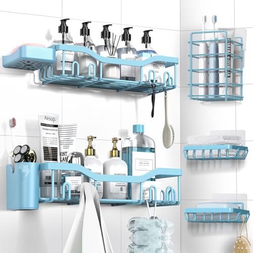 NESOMI Shower Caddy Adhesive Shower Organizer 7-Pack, Rustproof Stainless Steel Bathroom Shelves, Large Capacity No-Drill Rack Storage Accessories with Soap Dish Toothbrush Holder Hooks - Image 1