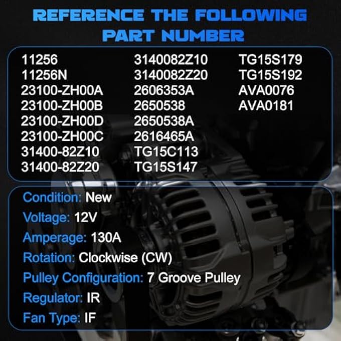 YOMALL Alternator 11256 for 2007-2015 Armada 5.6L / Xterra 4.0L for 2012-2019 NV1500/ NV2500/ NV3500 for 2008-2012 Pathfinder for Equator 4.0L for TITAN for QX56 5.6L 130A 7PK 23100ZH00A 2650538 - Image 3