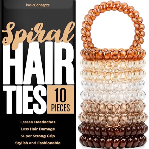 BASIC CONCEPTS Spiral Hair Ties 10 Pieces Coil Ponytail Holders for Womens Thick Hair No Crease Plastic Ties for All Hair Types Assorted Colors