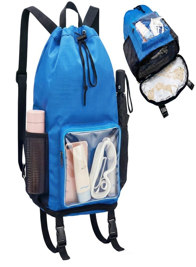 HOPSOOKEN Drawstring Backpack Waterproof Sandproof Beach Bag with Bottom Strap for Beach Mat Swim Backpack for Gym,Pool,Workout,Travel(Blue) - Image 1