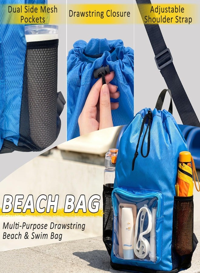 HOPSOOKEN Drawstring Backpack Waterproof Sandproof Beach Bag with Bottom Strap for Beach Mat Swim Backpack for Gym,Pool,Workout,Travel(Blue) - Image 3