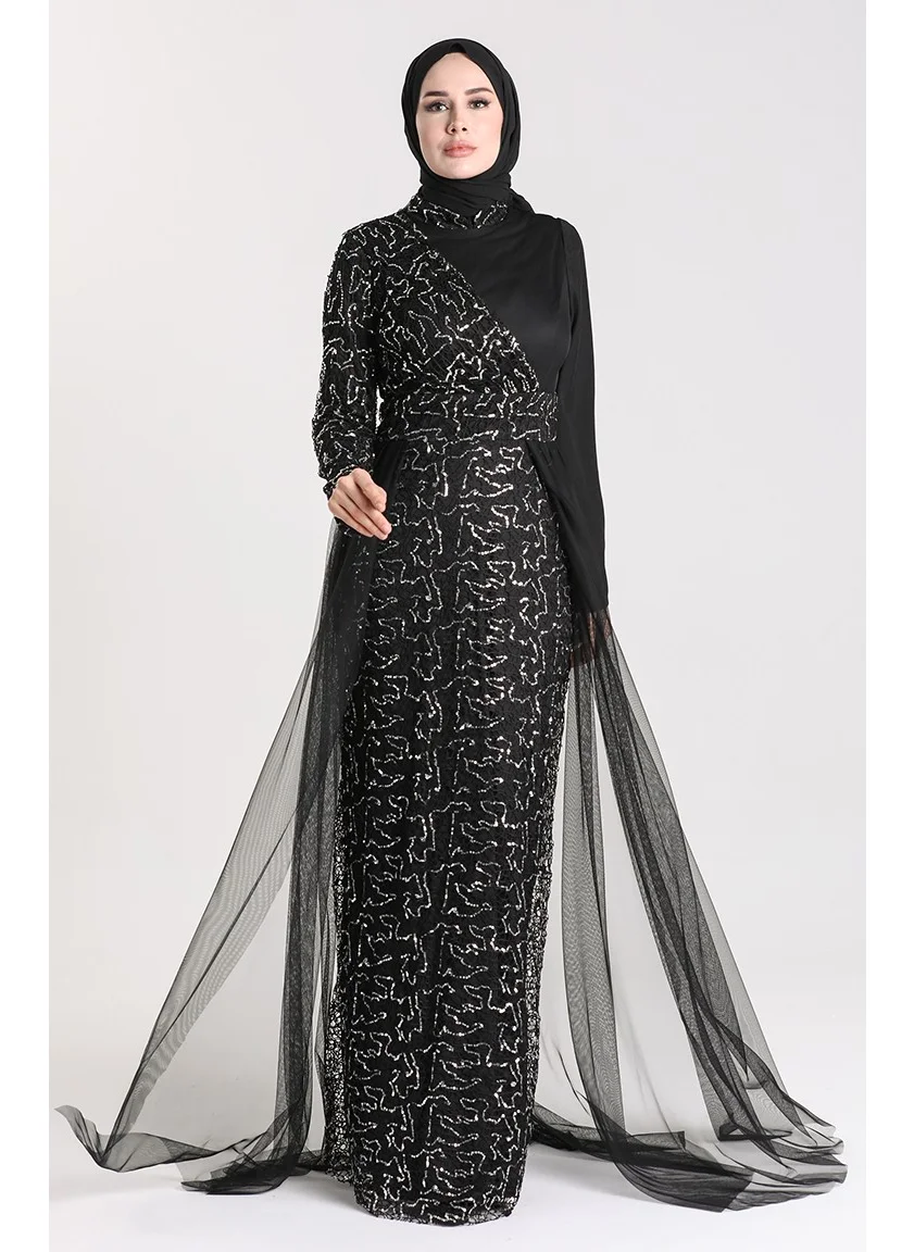 Sefa Merve Sequined Tulle Evening Dress 5345-11 Black Silver