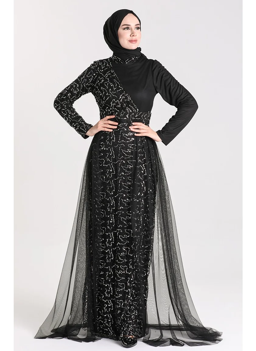 Sefa Merve Sequined Tulle Evening Dress 5345-11 Black Silver