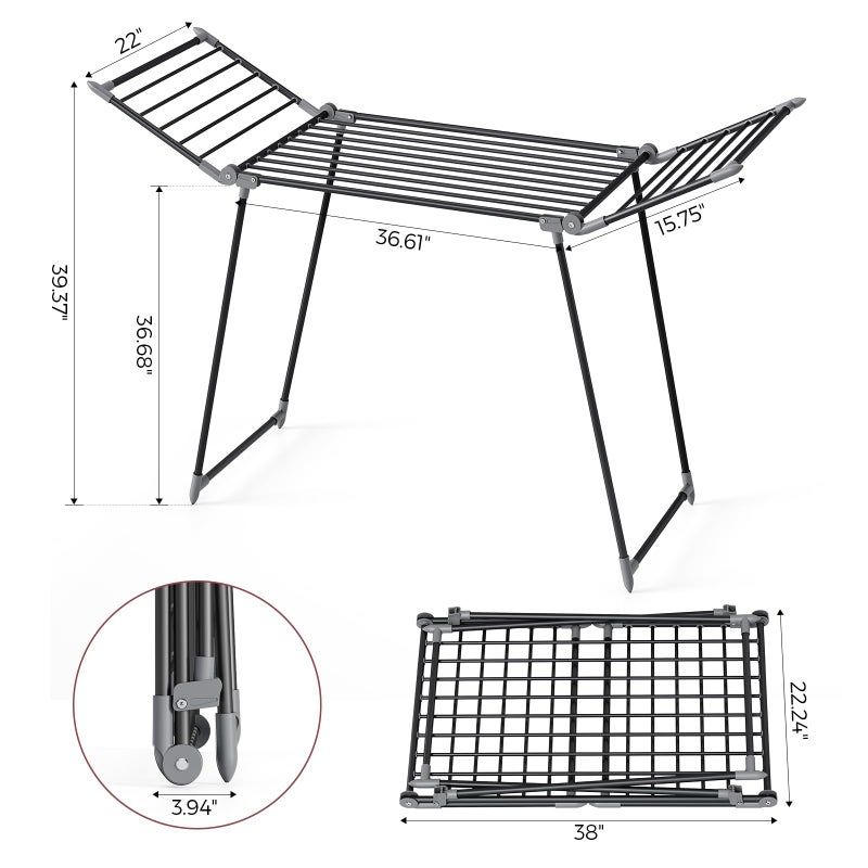 APEXCHASER Clothes Drying Rack Foldable, Large Drying Rack Clothing, Winged Laundry Rack Folding Indoor Outdoor, Metal Clothes Airer for Bedding Towel Sweater Heavy Duty, 68.9" X 22" X 41.3", Black - Image 2