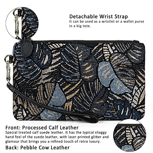 befen Genuine Leather Wristlet Clutch RFID Blocking Bag Cell Phone Wallet Purse Smartphone Wristlet Wallet Purses and Handbags for Women, Blue Leaves - Image 4