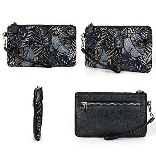 befen Genuine Leather Wristlet Clutch RFID Blocking Bag Cell Phone Wallet Purse Smartphone Wristlet Wallet Purses and Handbags for Women, Blue Leaves - Image 5