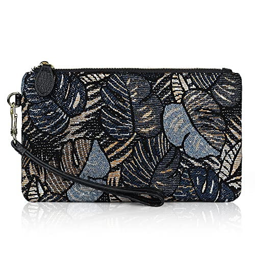 befen Genuine Leather Wristlet Clutch RFID Blocking Bag Cell Phone Wallet Purse Smartphone Wristlet Wallet Purses and Handbags for Women, Blue Leaves - Image 1