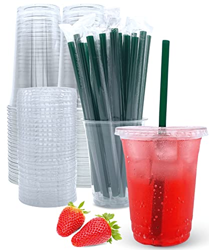 12 oz Clear Plastic Cups with Lids and Straws Disposable Coffee Cups 25 Sets