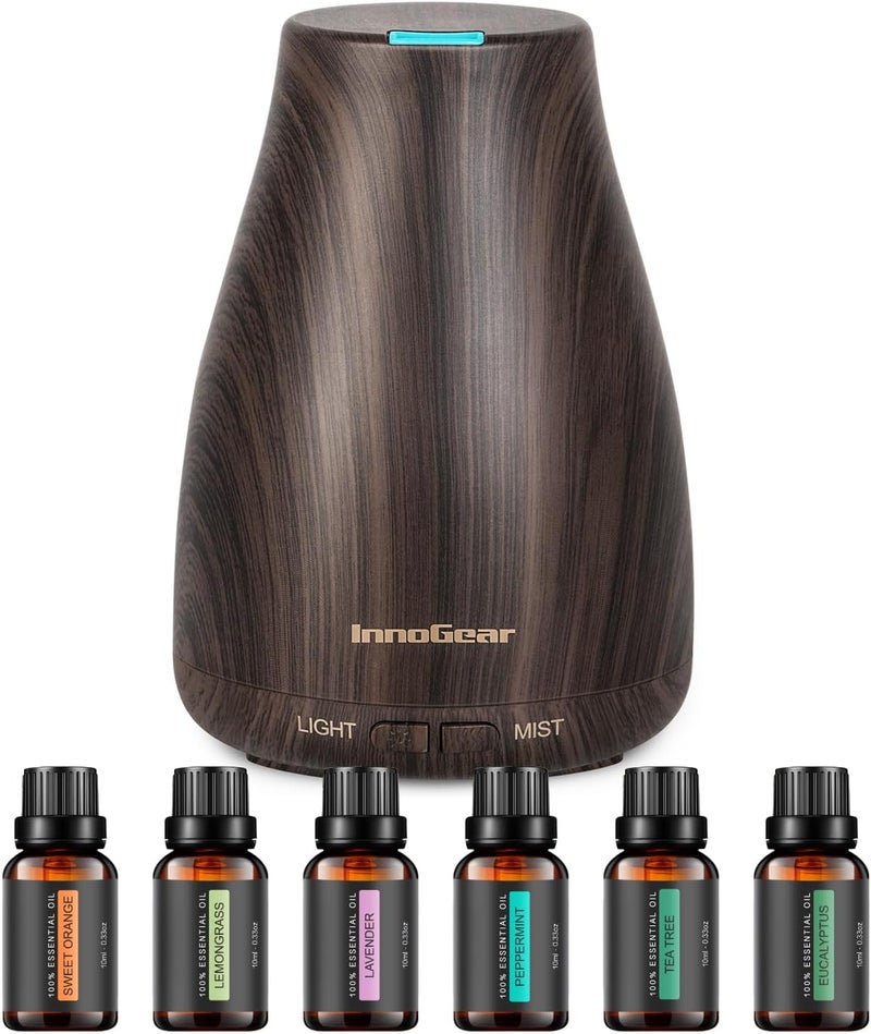 InnoGear Essential Oil Diffuser with Oils, 100ml Aromatherapy Diffuser with 6 Essential Oils Set, Aroma Cool Mist Humidifier Gift Set, Dark Wood Grain - Image 1