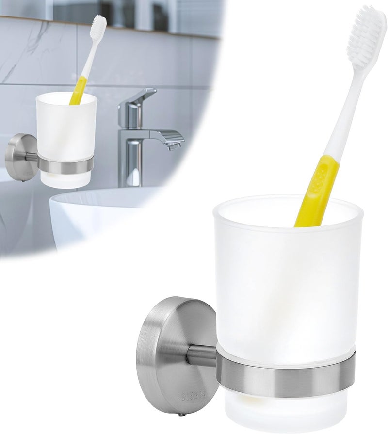 QWORK ® Wall Mounted Toothbrush Holder, Stainless Steel Toothbrush Holder, Toothbrush Holder with 1 Cups for Mouthwash - Image 1