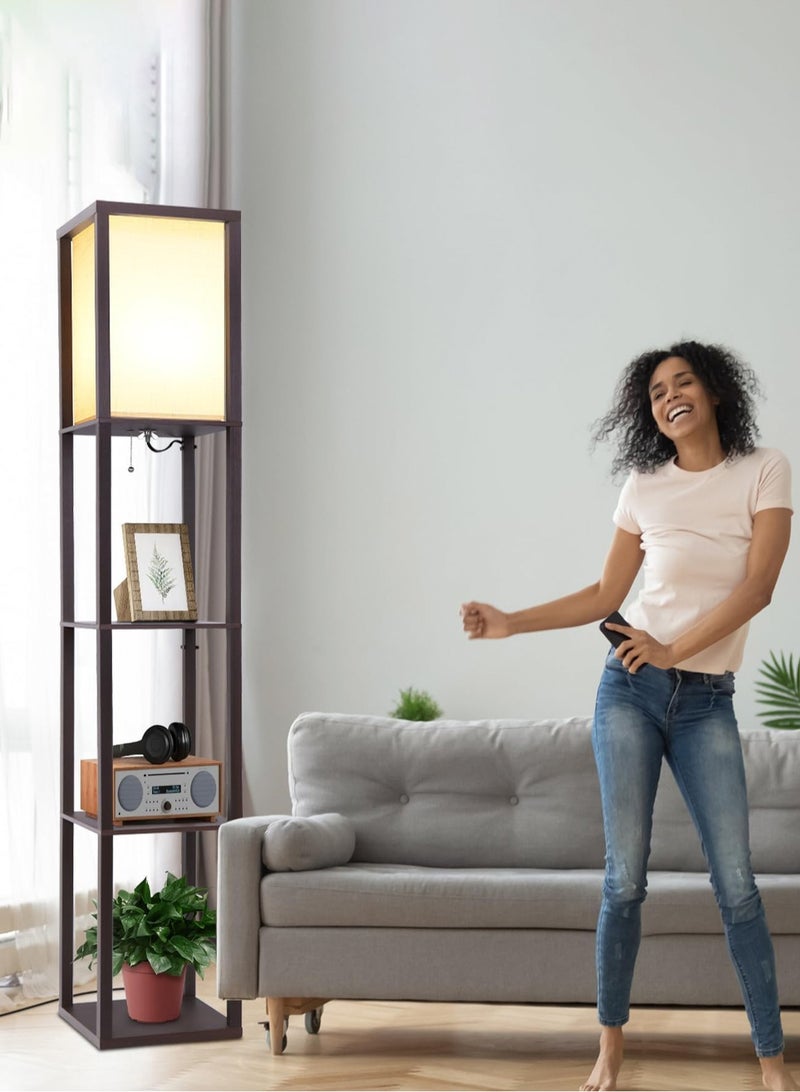Floor Lamp with Shelves, Shelf Floor Lamp for Bedroom, Modern Standing Shelf Floor Lamp for Living Room Office- Walnut Black 42x15x29 cm