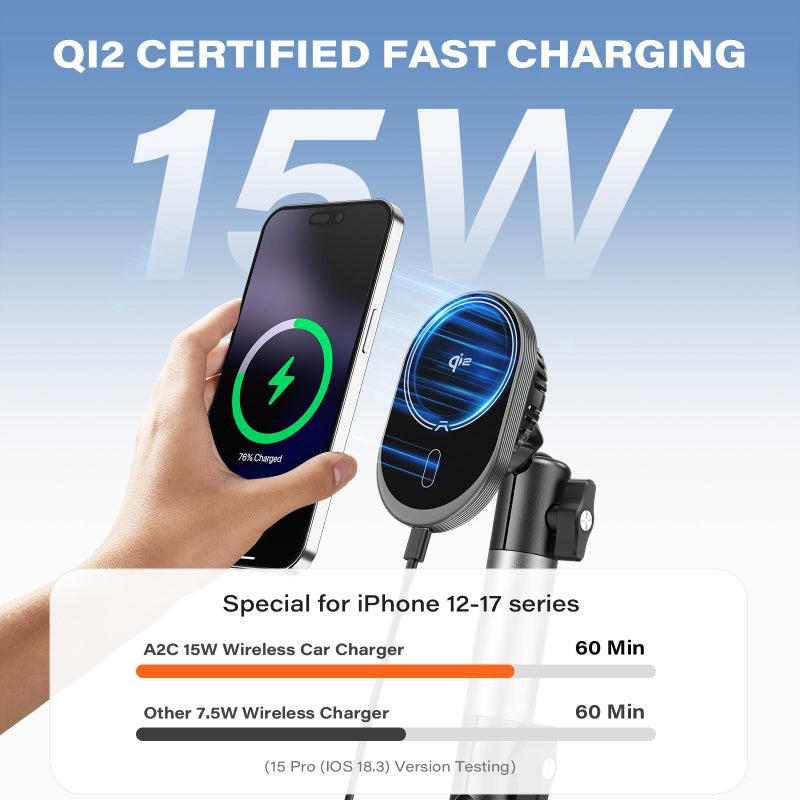 A2C for Magsafe Car Mount Charger, QI2 15W Wireless Fast Charging Cup Holder Phone Charger - Dual Cooling System, Aluminum Alloy Tri-Pivot Arm, 18 N54 Strong Magnets for iPhone 17/16/15/14/13/12 Only - Image 3