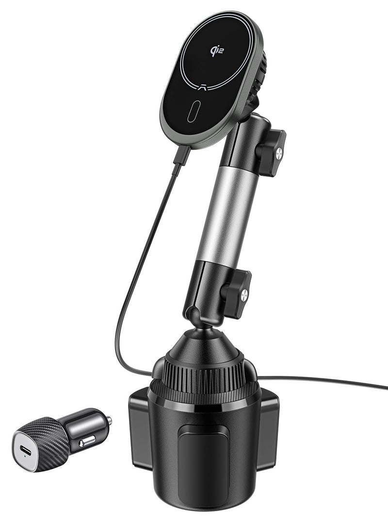 A2C for Magsafe Car Mount Charger, QI2 15W Wireless Fast Charging Cup Holder Phone Charger - Dual Cooling System, Aluminum Alloy Tri-Pivot Arm, 18 N54 Strong Magnets for iPhone 17/16/15/14/13/12 Only - Image 1