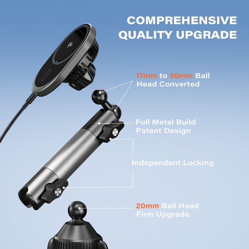 A2C for Magsafe Car Mount Charger, QI2 15W Wireless Fast Charging Cup Holder Phone Charger - Dual Cooling System, Aluminum Alloy Tri-Pivot Arm, 18 N54 Strong Magnets for iPhone 17/16/15/14/13/12 Only - Image 5