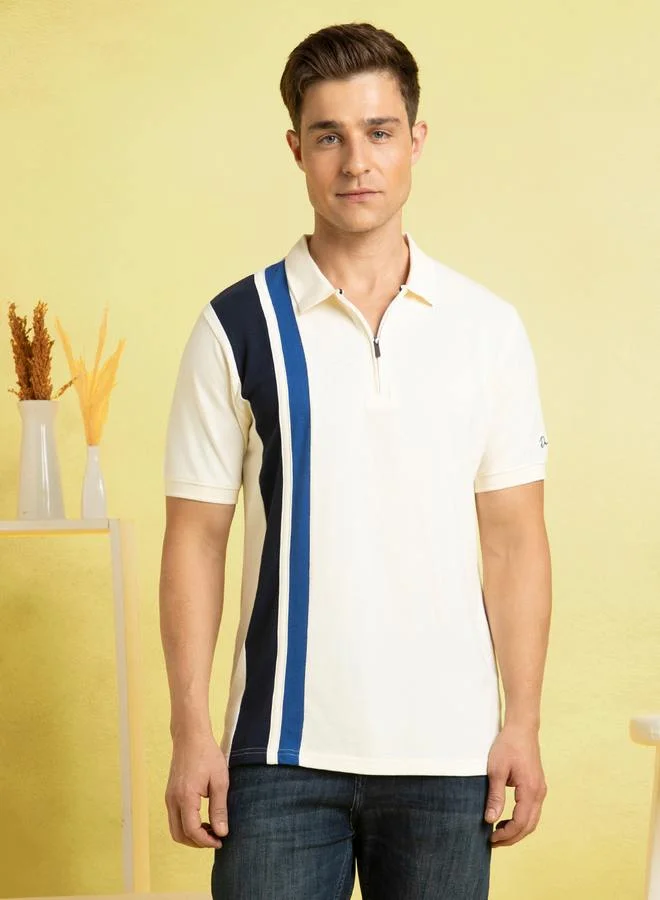 Dennis Lingo Marshmallow Vertical Striped Polo T-Shirt For Men Designed With A Sleek Stripe Pattern And