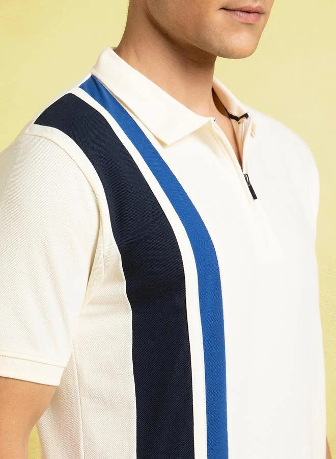 Dennis Lingo Marshmallow Vertical Striped Polo T-Shirt For Men Designed With A Sleek Stripe Pattern And