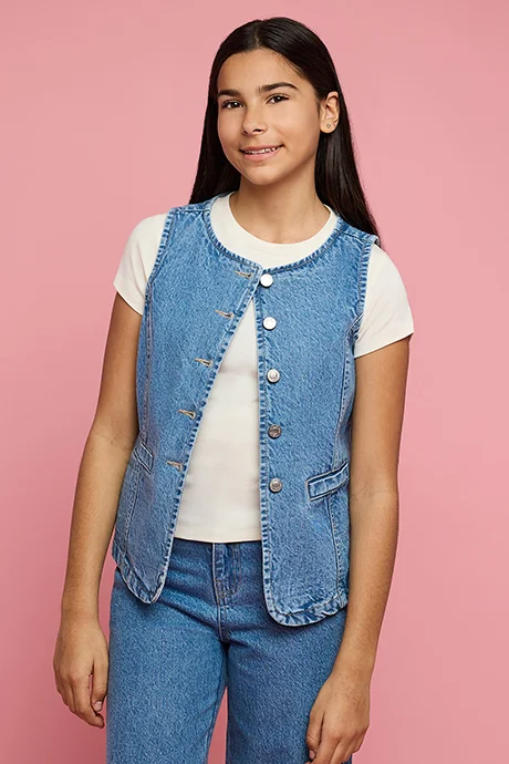 أر أند بي Washed Denim Vest Top with Button Closure
