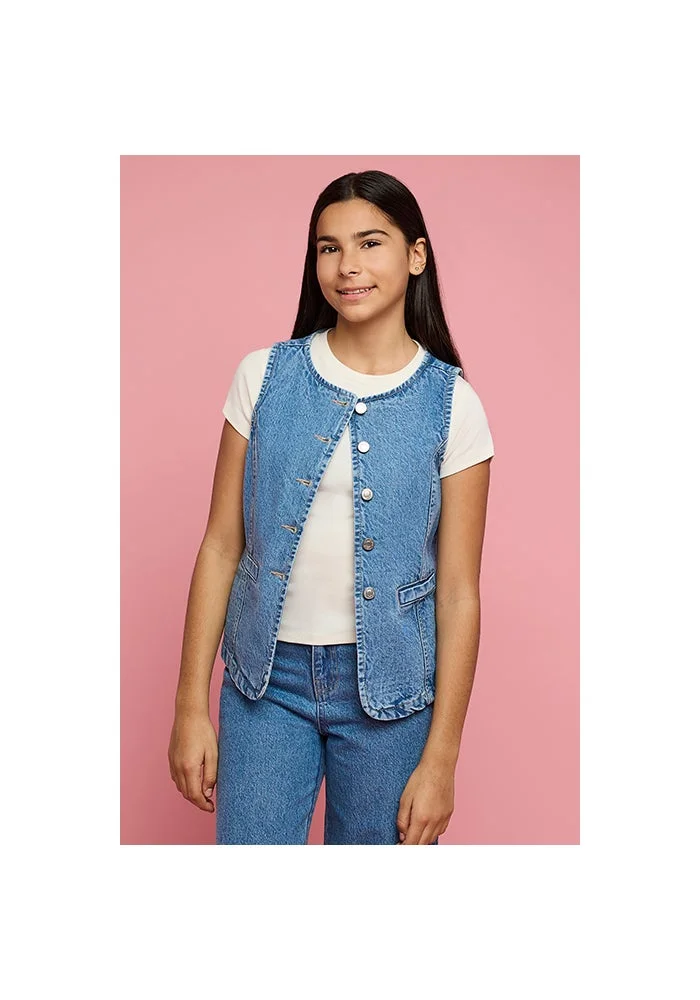R&b Washed Denim Vest Top with Button Closure