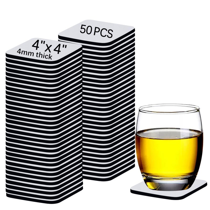 50 PCS Sublimation Blank Cup Coasters Bulk 4x4 Inch Square Blank Cup Mat Rubber for Sublimation Transfer Heat Press Printing DIY Crafts