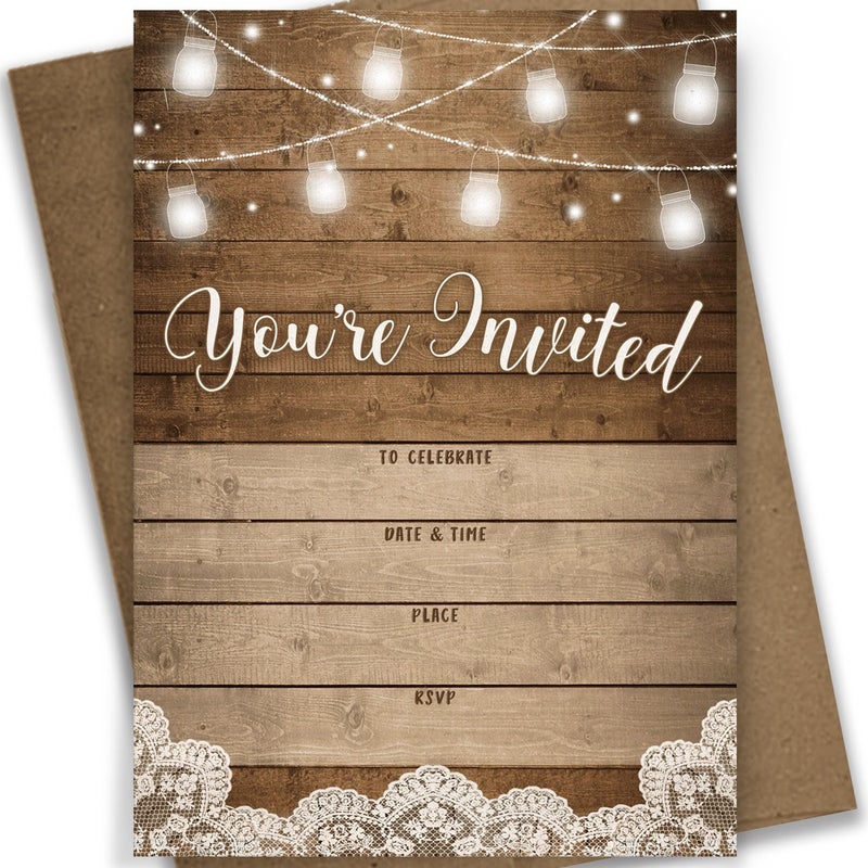 Printed Party Fill-in Invitations and Envelopes, Rustic, Set of 25 - Image 1