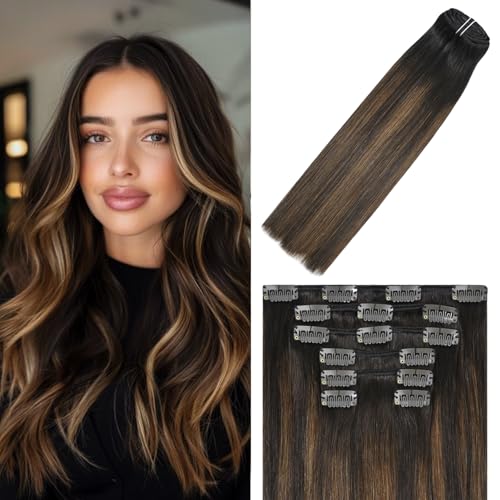 WindTouch Clip-in Hair Extensions - 18 Inch, 120g, 7pcs #2T6P2 Dark Brown to Chestnut Brown Balayage Double Weft Real Human Hair - Image 1