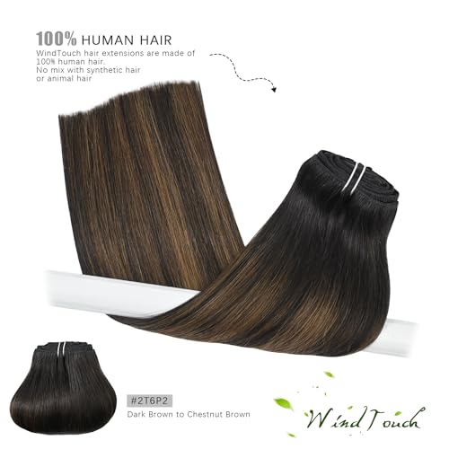 WindTouch Clip-in Hair Extensions - 18 Inch, 120g, 7pcs #2T6P2 Dark Brown to Chestnut Brown Balayage Double Weft Real Human Hair - Image 2