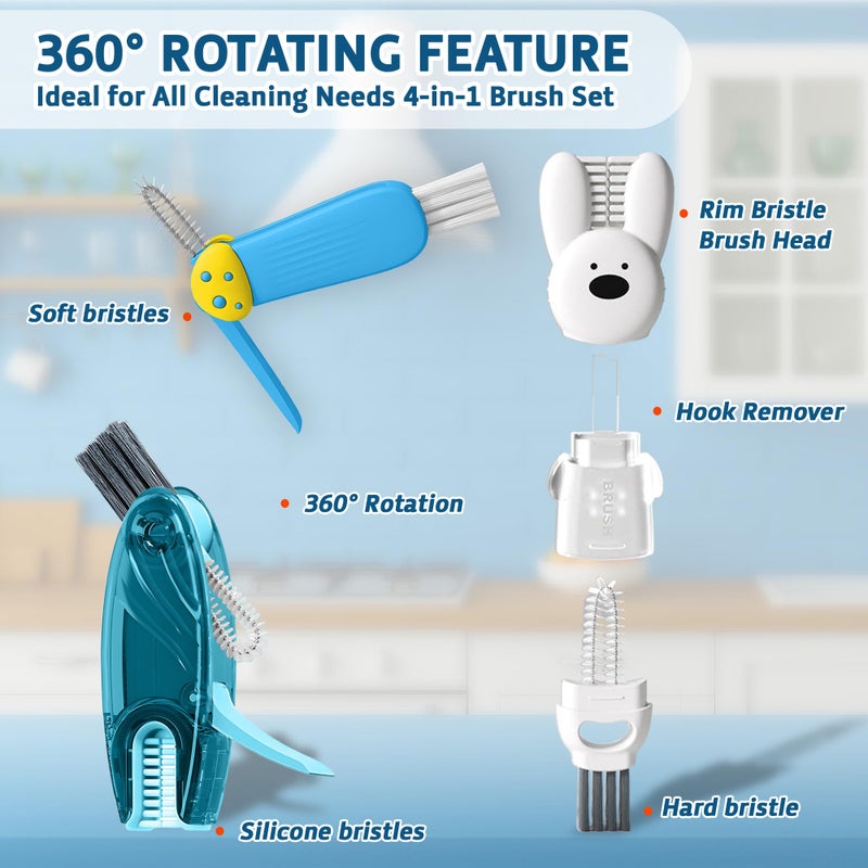 ANSOTHIN Cup Lid Cleaning Brush, Multifunctional Set with 3 in 1 Lid Cleaner and Two 4 in 1 Cup Lid Cleaning Brushes, Cleaning Brush Tool for Bottles, Straws, Tumblers, Travel Mug Caps, Portable Kit (Blue) - Image 2