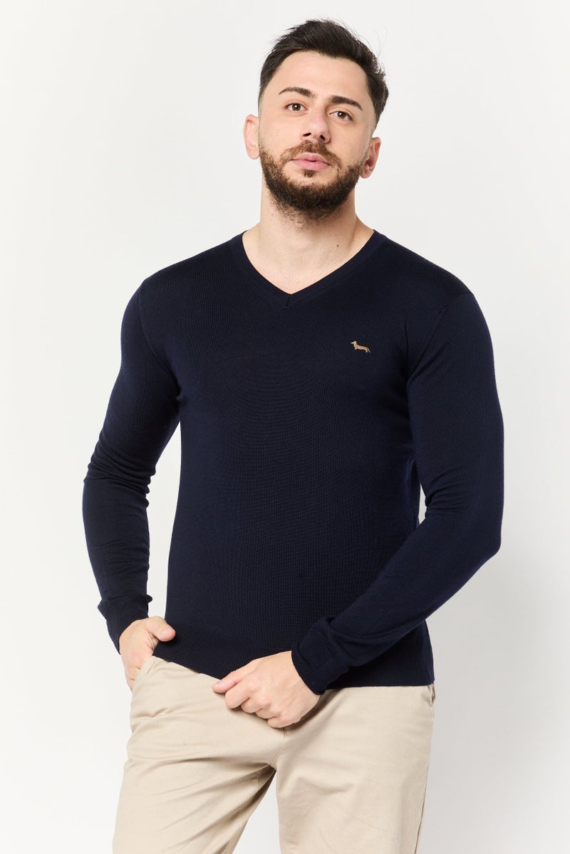 Harmont & Blaine Men V Neck Embroidered Logo Sweater, Navy - Image 1