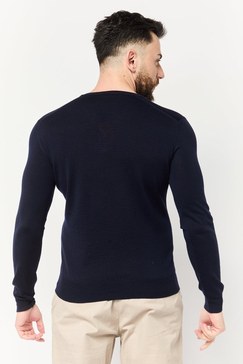Harmont & Blaine Men V Neck Embroidered Logo Sweater, Navy - Image 2