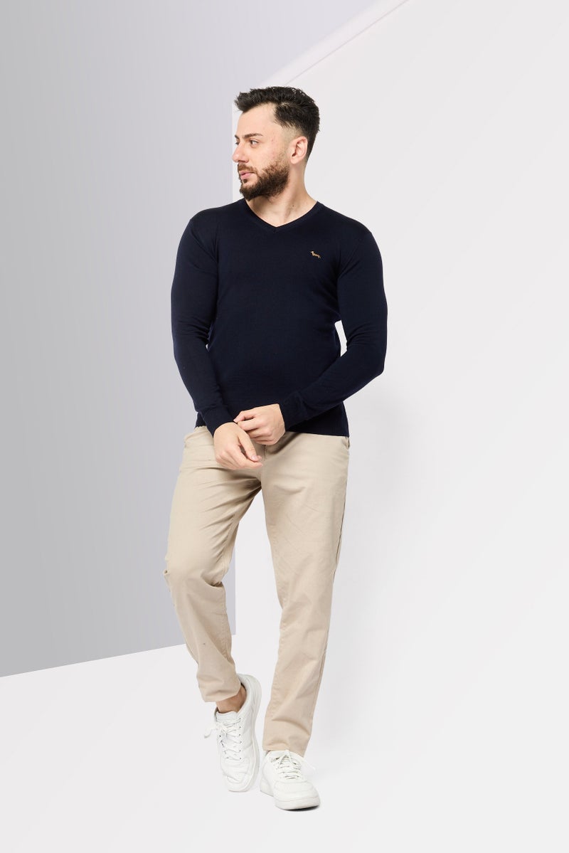 Harmont & Blaine Men V Neck Embroidered Logo Sweater, Navy - Image 4