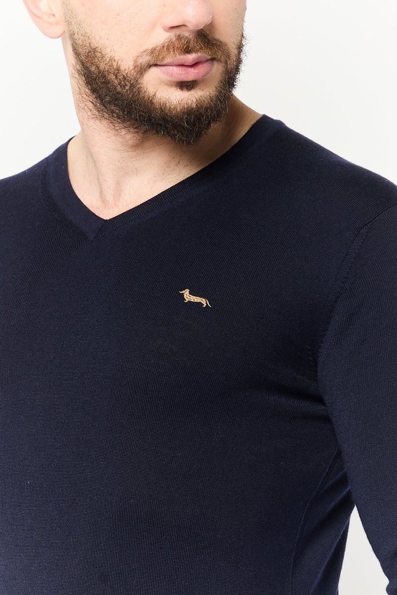 Harmont & Blaine Men V Neck Embroidered Logo Sweater, Navy - Image 3