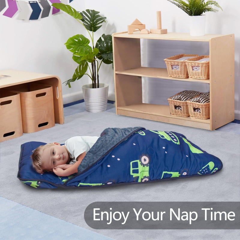 Primlect Thickened Toddler Nap Mat with Removable Pillow and Minky Blanket, Extra Large 55''x35'' Sleeping Bag, Washable, Roll up, Perfect for Daycare, Preschool, Kindergarten, Boys (Excavator) - Image 3