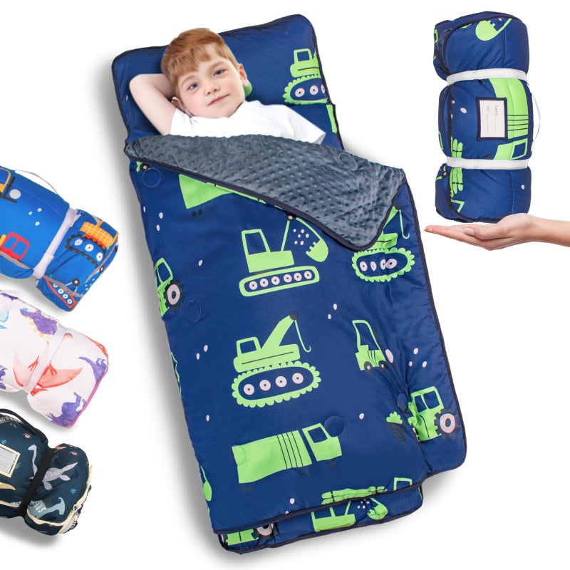 Primlect Thickened Toddler Nap Mat with Removable Pillow and Minky Blanket, Extra Large 55''x35'' Sleeping Bag, Washable, Roll up, Perfect for Daycare, Preschool, Kindergarten, Boys (Excavator) - Image 1