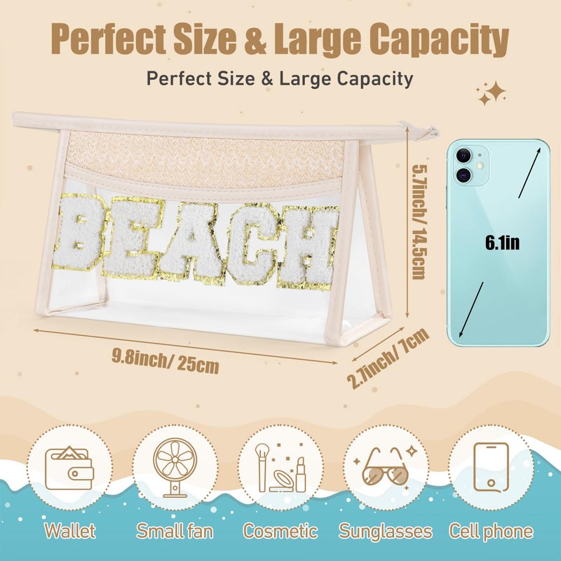 Etercycle Boho Patch BEACH Makeup Bag, Clear PVC Travel Toiletry Bag Waterproof Beach Bags for Women, Small Chenille Letter Bag With Zipper for Beach Travel Essentials - Image 2