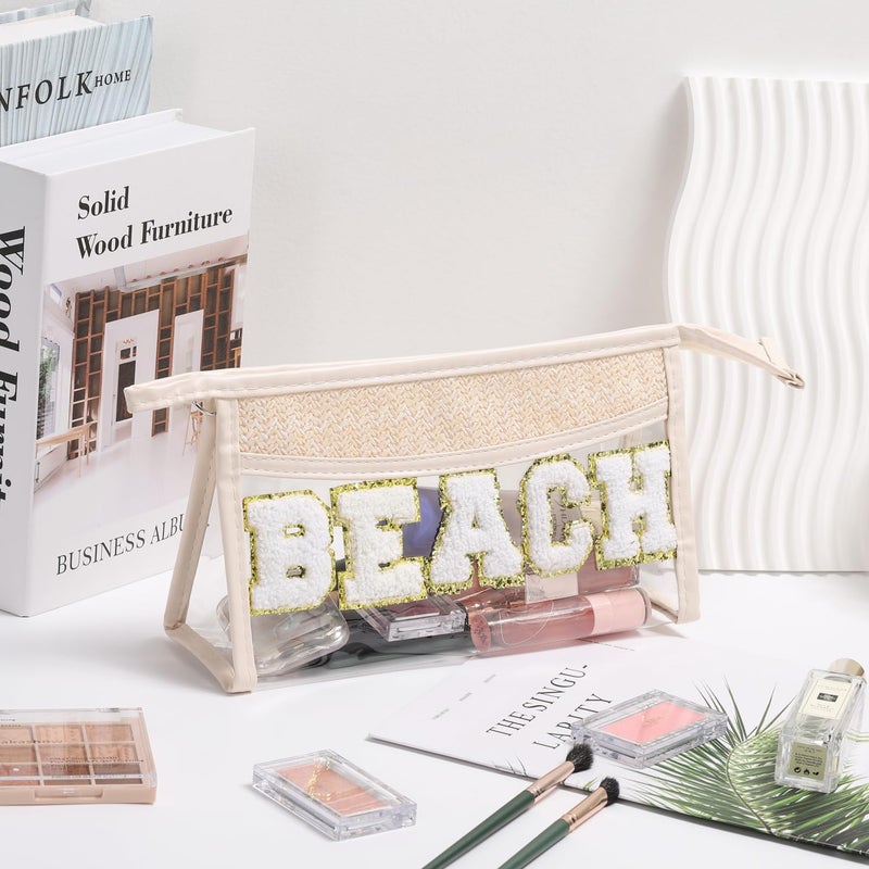 Etercycle Boho Patch BEACH Makeup Bag, Clear PVC Travel Toiletry Bag Waterproof Beach Bags for Women, Small Chenille Letter Bag With Zipper for Beach Travel Essentials - Image 5