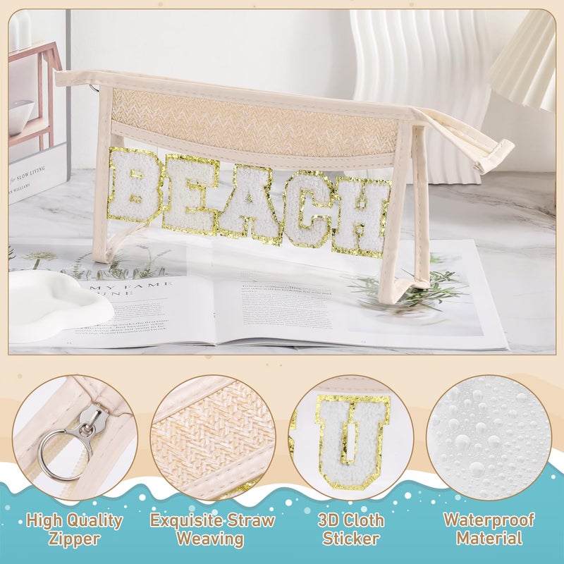 Etercycle Boho Patch BEACH Makeup Bag, Clear PVC Travel Toiletry Bag Waterproof Beach Bags for Women, Small Chenille Letter Bag With Zipper for Beach Travel Essentials - Image 3