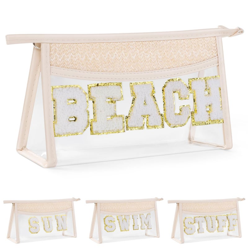 Etercycle Boho Patch BEACH Makeup Bag, Clear PVC Travel Toiletry Bag Waterproof Beach Bags for Women, Small Chenille Letter Bag With Zipper for Beach Travel Essentials - Image 1