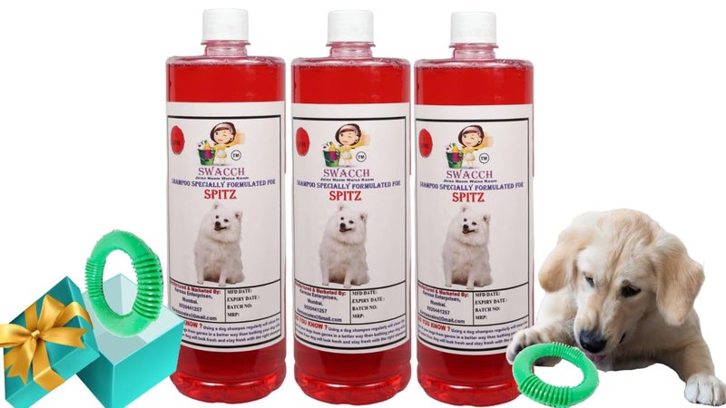 swacch Shampoo | Puppy Safe Shampoo | PH Balanced | Spitz Dog Shampoo 1 Litre Pack of 3 Strawberry + | O PVC Ring Rubber Chew Toy | Teething Chew Toy I Dental Teething I Durable I Combo Pack - Image 1