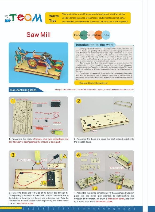Fatio STEM Toy, Wooden Sawmill & Millstone Grinder, Montessori Toy, DIY 3D puzzle, battery powered, eco-friendly, handmade, educational toy - Image 5