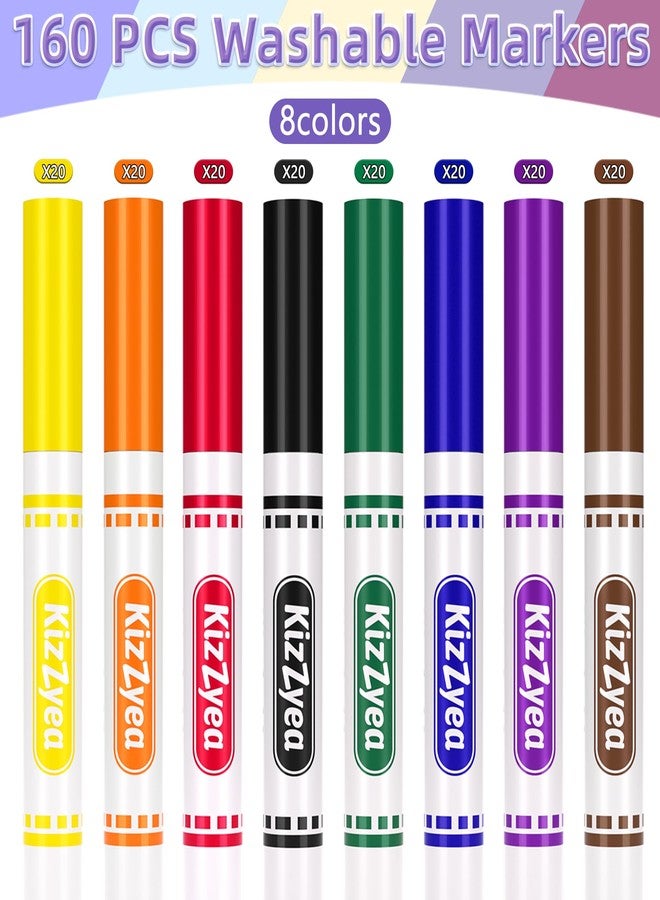 KIZZYEA Washable Markers Bulk, Markers for Kids, 8 Assorted Colors, 160 Count, Broad Line Marker for School, Student Art Supplies & Back to School Crafts, Classroom Essentials for Teachers - Image 2