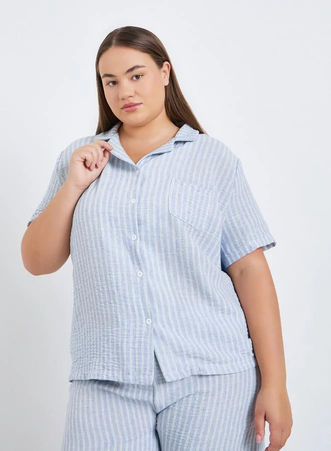Styli Plus Size Woven Striped Linen Look Shirt and Pyjama Set
