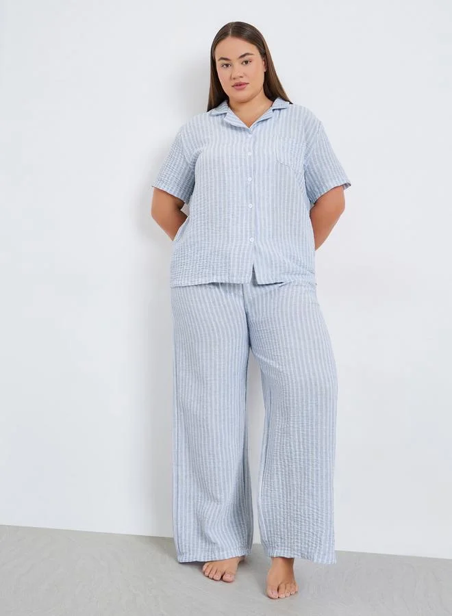 Styli Plus Size Woven Striped Linen Look Shirt and Pyjama Set